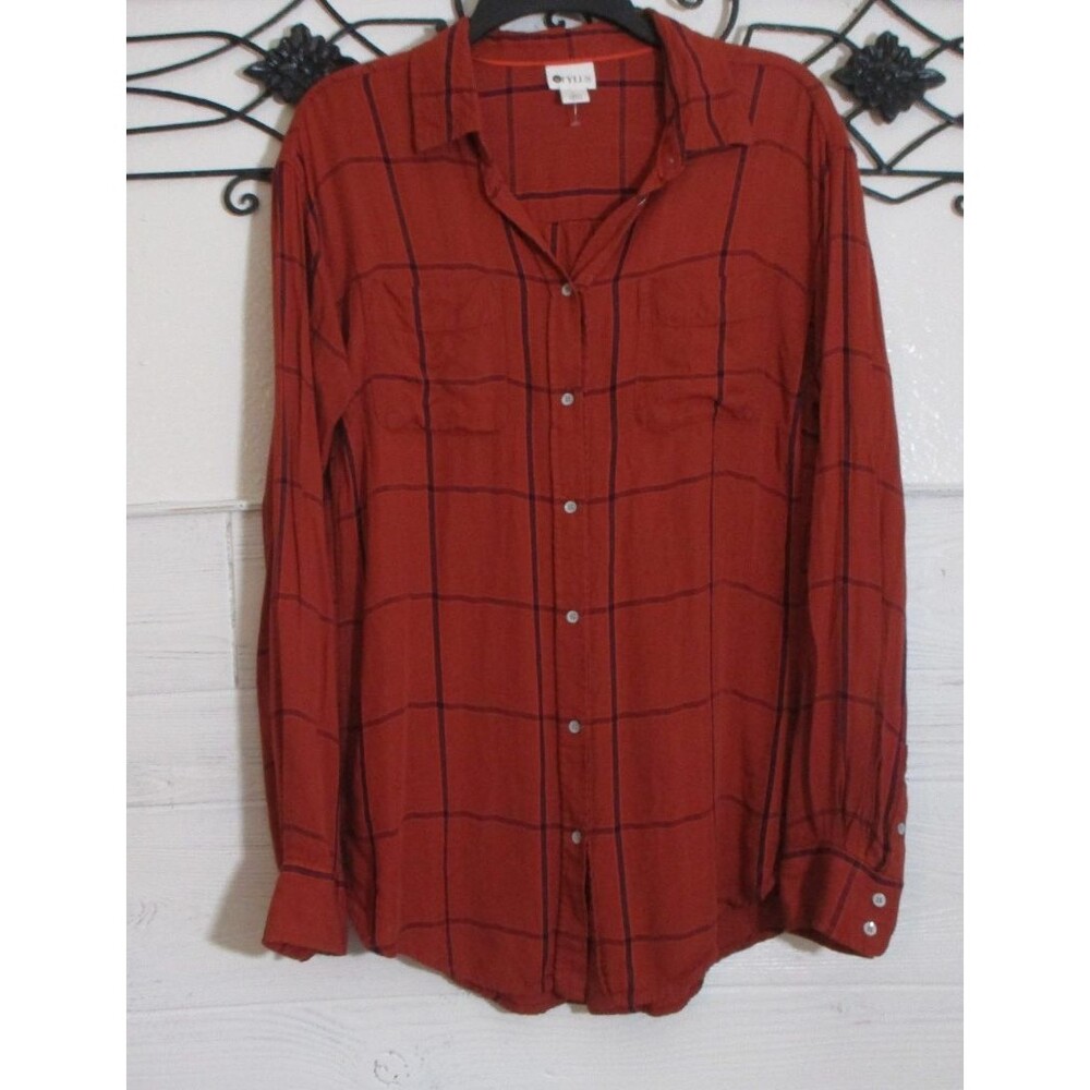 StYLUS Women's Button Up Top Size L Long Sleeve Rust Plaid